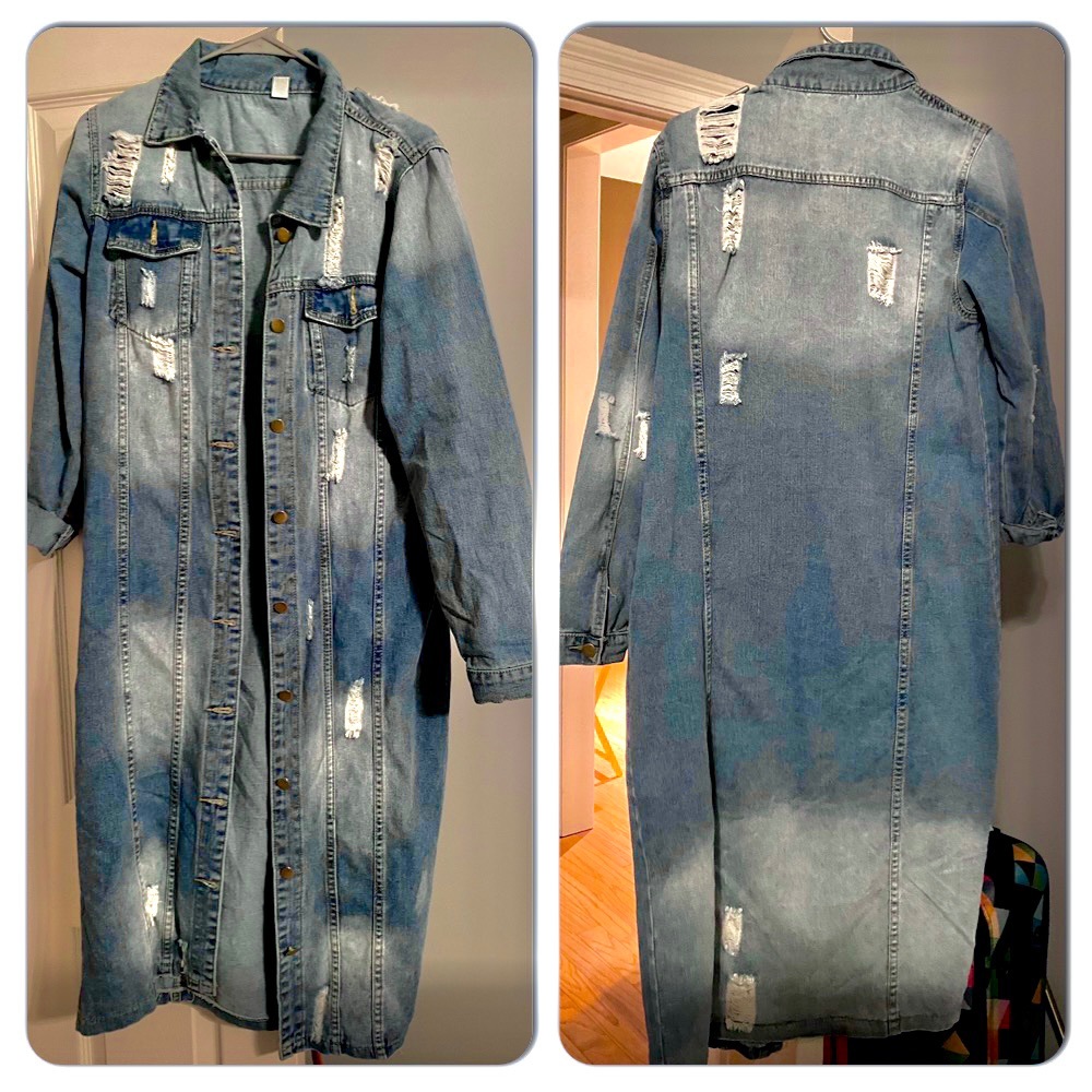 Denim ankle length distressed jacket.